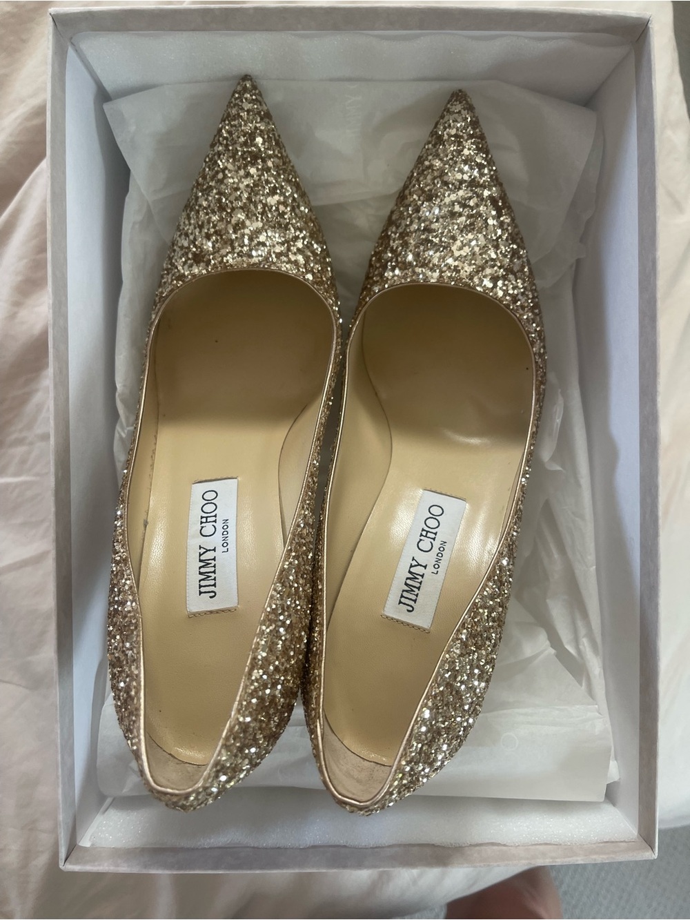Jimmy Choo Glitter Pointed Heels in Champagne Gold